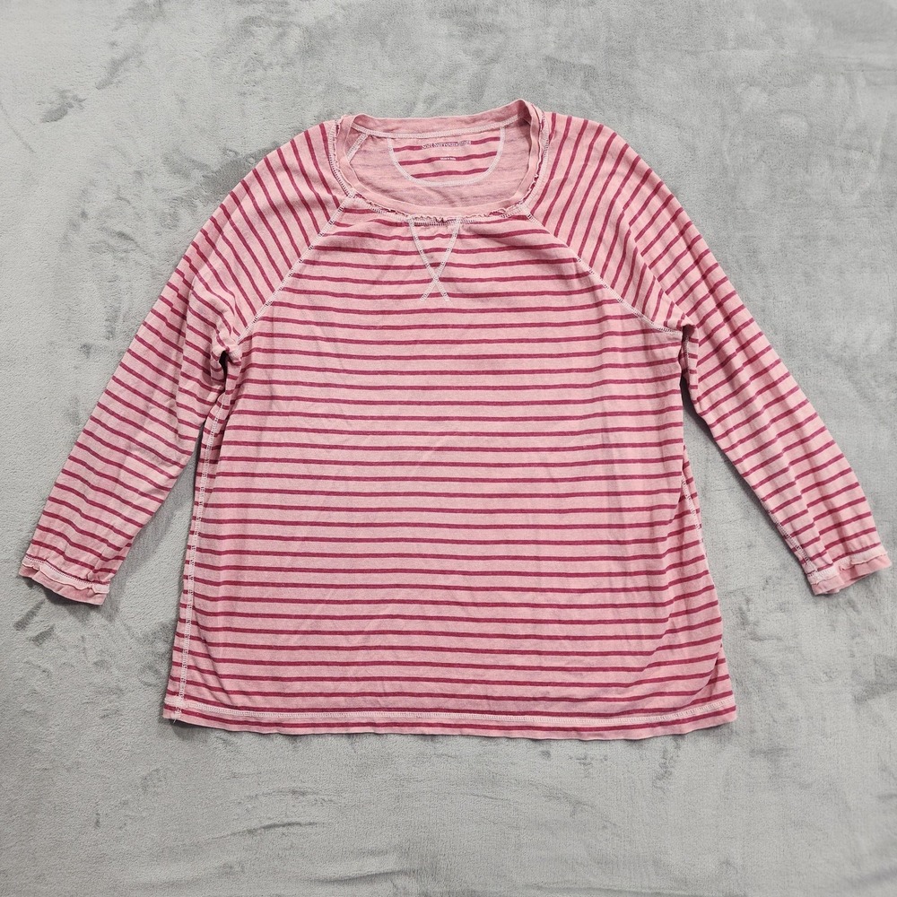 Soft Surroundings Top Womens L‎ Pink Stripe Linen Cotton Scoop Neck Long Sleeve